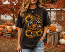 Load image into Gallery viewer, Retro Floral Pumpkin T-Shirt | Vintage Halloween | Women's Halloween Shirt | Halloween Graphic TeePumpkin | Sunflowers T-Shirt | Fall Tee