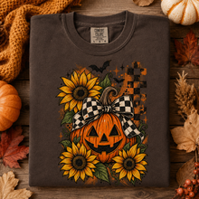 Load image into Gallery viewer, Retro Floral Pumpkin T-Shirt | Vintage Halloween | Women's Halloween Shirt | Halloween Graphic TeePumpkin | Sunflowers T-Shirt | Fall Tee